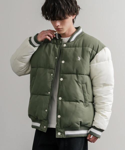 U.S. POLO ASSN.(ユーエスポロアッスン)の「U.S. POLO ASSN. ユーエスポロアッスン PADDED VARSITY JACKET オーバーサイズワンポイントロゴ刺繍中綿スタジャン / 配色切替パデッドジャケット(スタジャン・メンズ・カーキ/ホワイト×ネイビー/カーキ系/ネイビー・M/L/LL)」の3枚目の写真