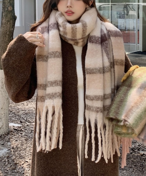 チェック柄 ベージュ系 マフラー セール】ふんわりチェック柄マフラー（全3色）（マフラー）｜2ly2
