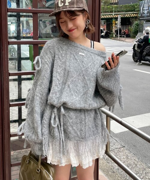 あやっち(@_acoba_)企画】ケーブルリボンフリンジオフショルニット