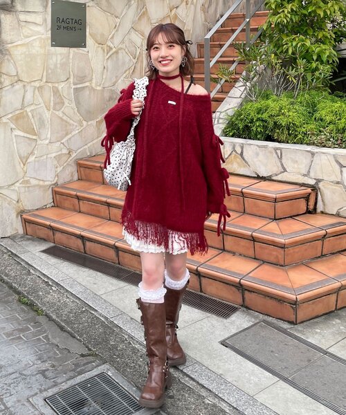 チャオパウチ あやっち(@_acoba_)企画】ケーブルリボンフリンジオフショルニット