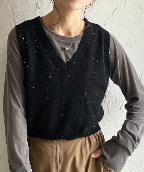 セール】ショート丈深Vネック畔編みスパンコールニットベスト（ベスト