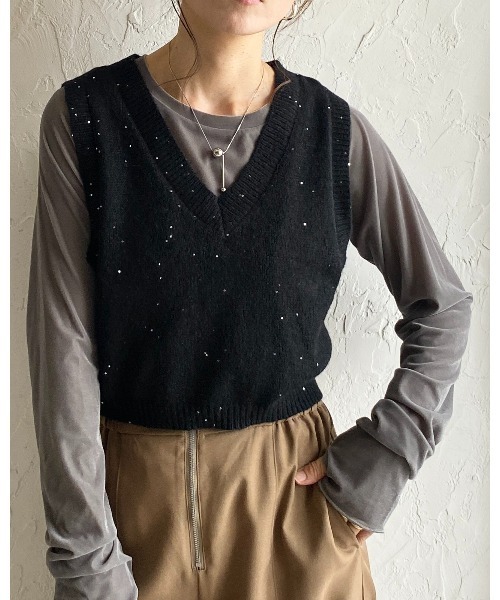セール】ショート丈深Vネック畔編みスパンコールニットベスト（ベスト