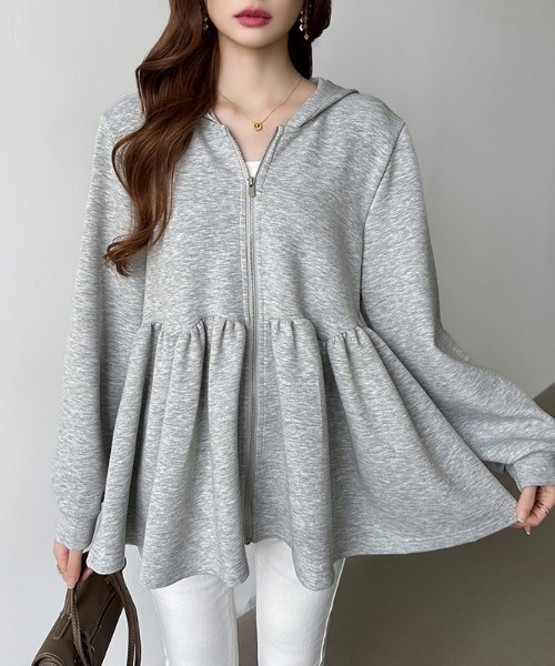 セール】ペプラムパーカー ジップ パーカー フード付き ペプラム