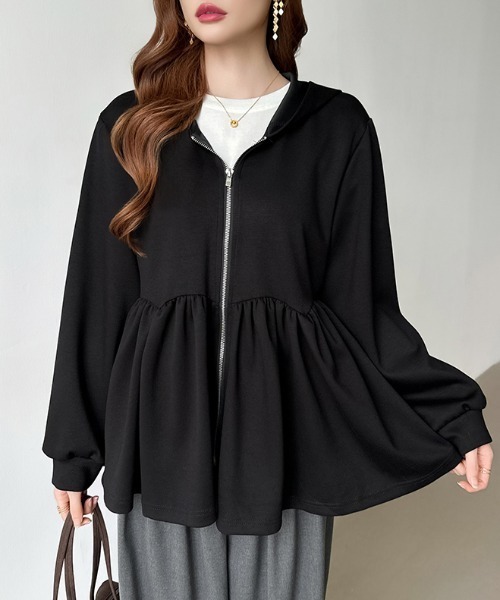 セール】ペプラムパーカー ジップ パーカー フード付き ペプラム