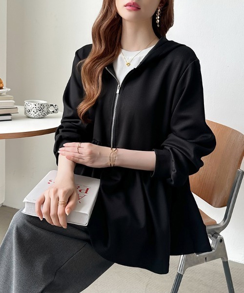 セール】ペプラムパーカー ジップ パーカー フード付き ペプラム