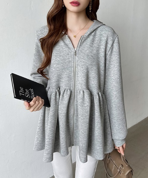 COCOMOMO(ココモモ)の「ペプラムパーカー ジップ パーカー フード付き ペプラムトップス 長袖 春服 秋服(パーカー・レディース・ブラック/ライトグレー/ダークグレー・FREE)」の11枚目の写真