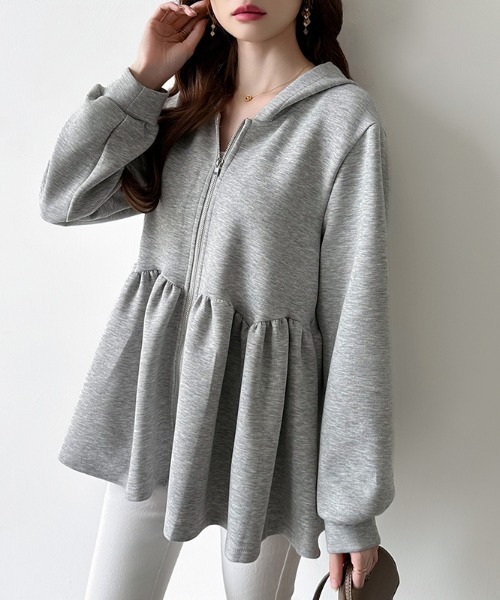 COCOMOMO(ココモモ)の「ペプラムパーカー ジップ パーカー フード付き ペプラムトップス 長袖 春服 秋服(パーカー・レディース・ブラック/ライトグレー/ダークグレー・FREE)」の13枚目の写真