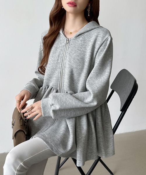 セール】ペプラムパーカー ジップ パーカー フード付き ペプラム