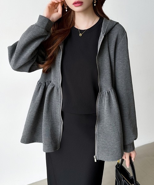 セール】ペプラムパーカー ジップ パーカー フード付き ペプラム