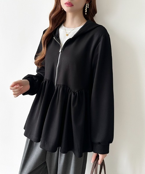 COCOMOMO(ココモモ)の「ペプラムパーカー ジップ パーカー フード付き ペプラムトップス 長袖 春服 秋服(パーカー・レディース・ブラック/ライトグレー/ダークグレー・FREE)」の5枚目の写真