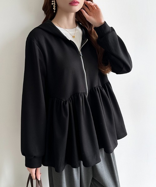 COCOMOMO(ココモモ)の「ペプラムパーカー ジップ パーカー フード付き ペプラムトップス 長袖 春服 秋服(パーカー・レディース・ブラック/ライトグレー/ダークグレー・FREE)」の17枚目の写真