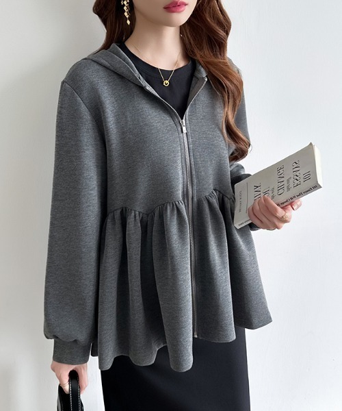 COCOMOMO(ココモモ)の「ペプラムパーカー ジップ パーカー フード付き ペプラムトップス 長袖 春服 秋服(パーカー・レディース・ブラック/ライトグレー/ダークグレー・FREE)」の8枚目の写真