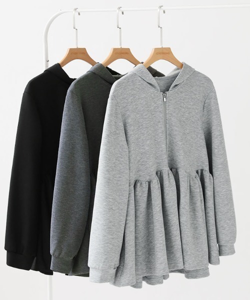 セール】ペプラムパーカー ジップ パーカー フード付き ペプラム