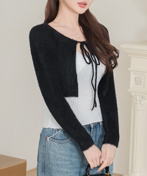 Anely(アネリー)の「フロント リボン シャギー ショート ニット ボレロ(カーディガン/ボレロ・レディース・アイボリー/ブラック/グレー/ピンク・FREE)」の18枚目の写真