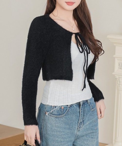 Anely(アネリー)の「フロント リボン シャギー ショート ニット ボレロ(カーディガン/ボレロ・レディース・アイボリー/ブラック/グレー/ピンク・FREE)」の21枚目の写真