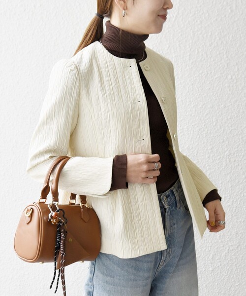 SHIPS any:〈手洗い可能〉ジャカード ノーカラー ペプラム ジャケット