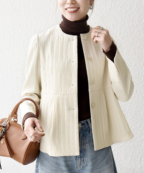 SHIPS any:〈手洗い可能〉ジャカード ノーカラー ペプラム ジャケット