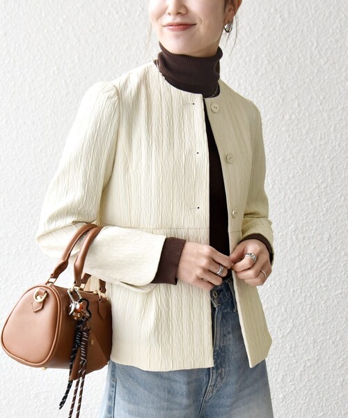 SHIPS any:〈手洗い可能〉ジャカード ノーカラー ペプラム ジャケット