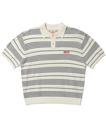STRIPE STRUCTURE COLLAR NECK HALF KNIT-WHITE/NAVY