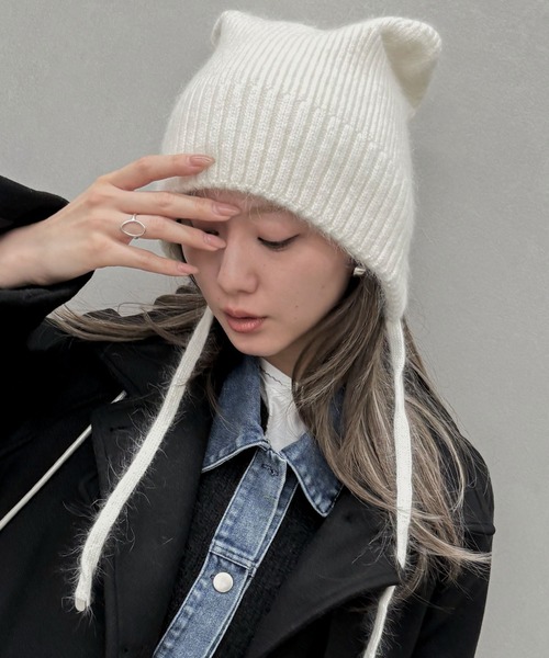 ほわほわ　うさ耳ボンネット　ニット帽　編み物　猫耳ニット帽　ホワイト セール】ネコ耳ボンネット（ニットキャップ/ビーニー）｜SpRay