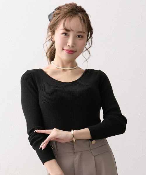 【極美品】MUSE 24SS LOREL クルーネックニット 日本製 大きい胸専用】日本製ソフトカーブVネックリブニット（ニット/セーター