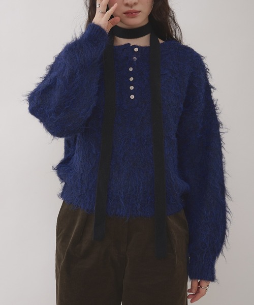 henley neck shaggy knit pullover / ヘンリーネックシャギーニット