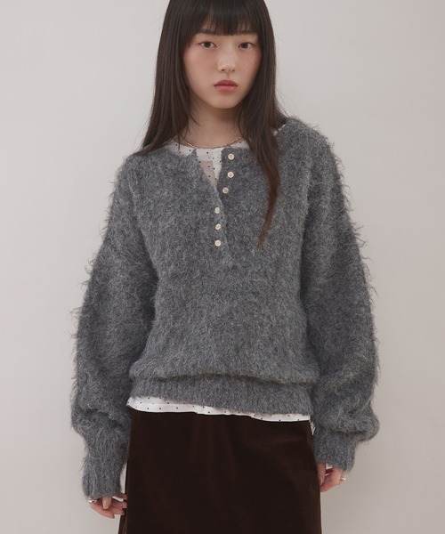 henley neck shaggy knit pullover / ヘンリーネックシャギーニット