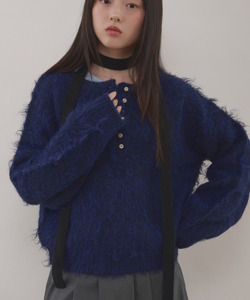 henley neck shaggy knit pullover / ヘンリーネックシャギーニット