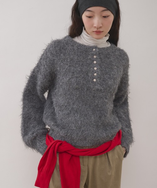 チャコールニットみゅー様 henley neck shaggy knit pullover / ヘンリーネックシャギーニット