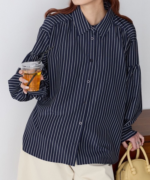 BONLECILL（ボンルシール）の「【UVカット率97%】ライトシアーギャザーボリュームスリーブ 涼しげ オーバーシャツ【纏うUVケア - ソルヴェール】（シャツ/ブラウス・レディース・ブラウン/ピンク/ネイビー系1/ベージュ/ブルー系1/ブラック/ライトブルー/オフホワイト/チャコールグレー/ライトイエロー・FREE）」の12枚目の写真