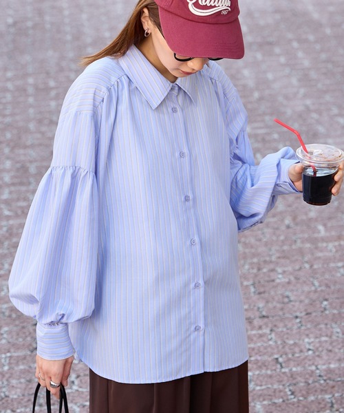 BONLECILL（ボンルシール）の「【UVカット率97%】ライトシアーギャザーボリュームスリーブ 涼しげ オーバーシャツ【纏うUVケア - ソルヴェール】（シャツ/ブラウス・レディース・ブラウン/ピンク/ネイビー系1/ベージュ/ブルー系1/ブラック/ライトブルー/オフホワイト/チャコールグレー/ライトイエロー・FREE）」の18枚目の写真