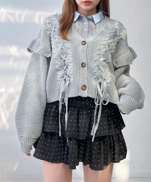 AS KNOW AS plus(アズノゥアズプラス)の「○レースアップ Vネック ケーブルフリルニットカーディガン(カーディガン/ボレロ・レディース・ミント/アイボリー/杢グレー・FREE)」の14枚目の写真