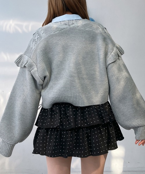 AS KNOW AS plus(アズノゥアズプラス)の「○レースアップ Vネック ケーブルフリルニットカーディガン(カーディガン/ボレロ・レディース・ミント/アイボリー/杢グレー・FREE)」の16枚目の写真