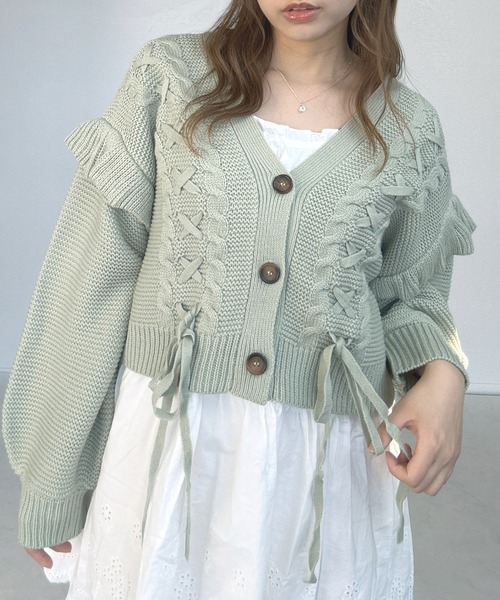 AS KNOW AS plus(アズノゥアズプラス)の「○レースアップ Vネック ケーブルフリルニットカーディガン(カーディガン/ボレロ・レディース・ミント/アイボリー/杢グレー・FREE)」の17枚目の写真