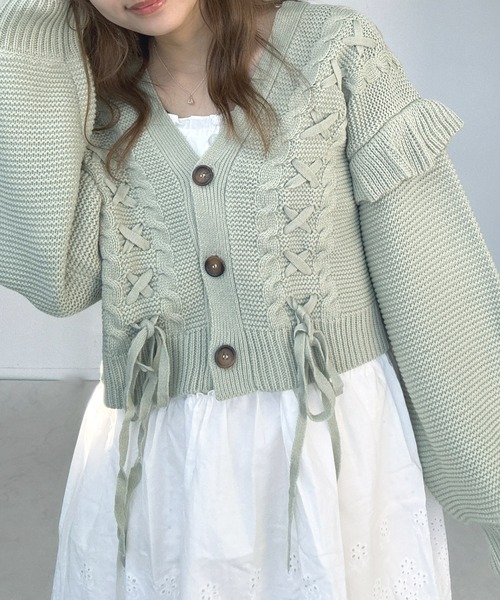 AS KNOW AS plus(アズノゥアズプラス)の「○レースアップ Vネック ケーブルフリルニットカーディガン(カーディガン/ボレロ・レディース・ミント/アイボリー/杢グレー・FREE)」の18枚目の写真