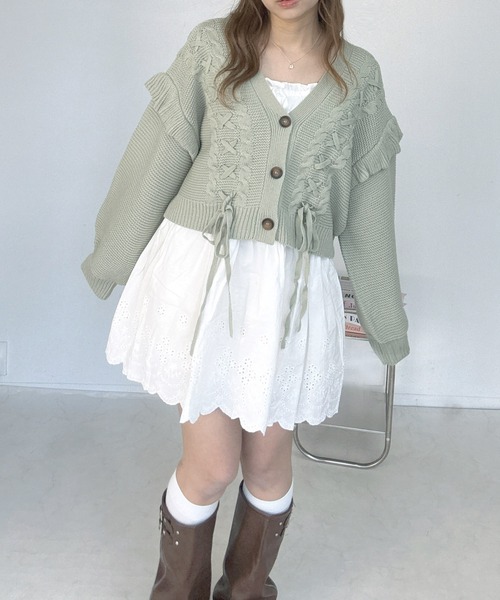 AS KNOW AS plus(アズノゥアズプラス)の「○レースアップ Vネック ケーブルフリルニットカーディガン(カーディガン/ボレロ・レディース・ミント/アイボリー/杢グレー・FREE)」の19枚目の写真