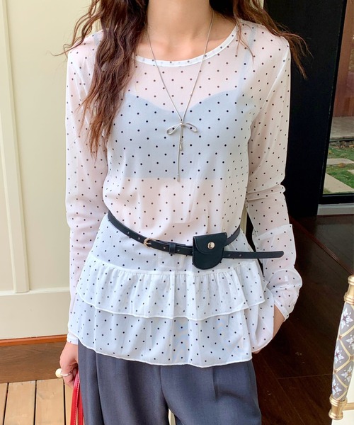 yuue' ( wear )(ユーイ)の「ドット柄チュールティアードトップス(Tシャツ/カットソー・レディース・ホワイト/ブラック・FREE)」の1枚目の写真