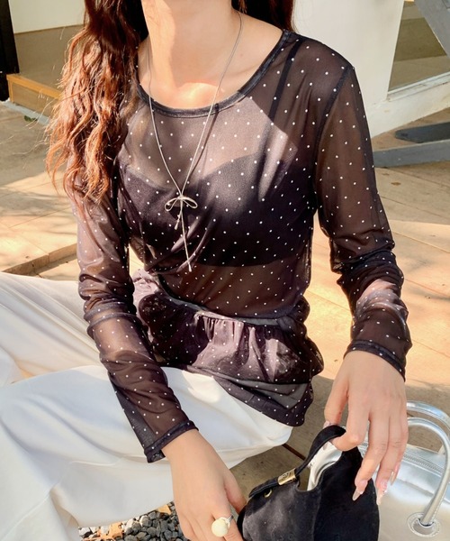 yuue' ( wear )(ユーイ)の「ドット柄チュールティアードトップス(Tシャツ/カットソー・レディース・ホワイト/ブラック・FREE)」の2枚目の写真