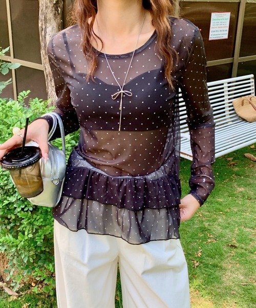 yuue' ( wear )(ユーイ)の「ドット柄チュールティアードトップス(Tシャツ/カットソー・レディース・ホワイト/ブラック・FREE)」の8枚目の写真