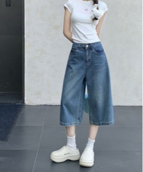 Vini(ヴィニ)の「韓国ストリート デニムキュロットワイドハーフパンツ(デニムパンツ・レディース・ホワイト/ブルー/ブラック・MEDIUM)」の17枚目の写真
