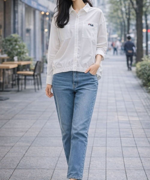 FILA（フィラ）の「FILA UV 前後差デザイン背裏モチーフシャツ（シャツ/ブラウス・レディース・オフホワイト/ブラック・MEDIUM/LARGE/LL/3L）」の4枚目の写真