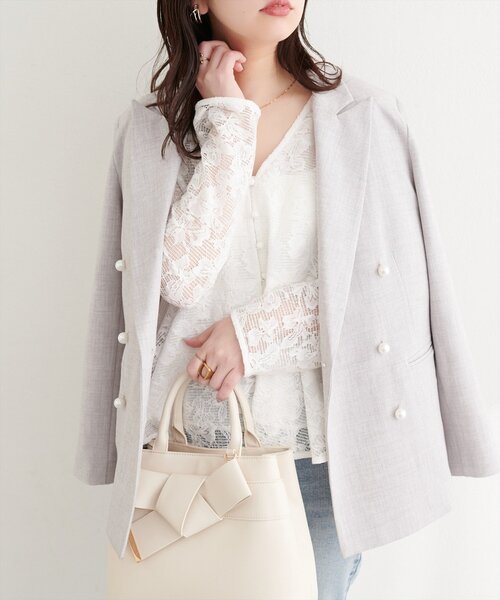 natural couture（ナチュラルクチュール）の「メッシュレースペプラムブラウス（シャツ/ブラウス・レディース・ブラック/ピンクベージュ/オフホワイト・FREE）」の8枚目の写真