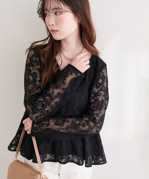 natural couture（ナチュラルクチュール）の「メッシュレースペプラムブラウス（シャツ/ブラウス・レディース・ブラック/ピンクベージュ/オフホワイト・FREE）」の19枚目の写真
