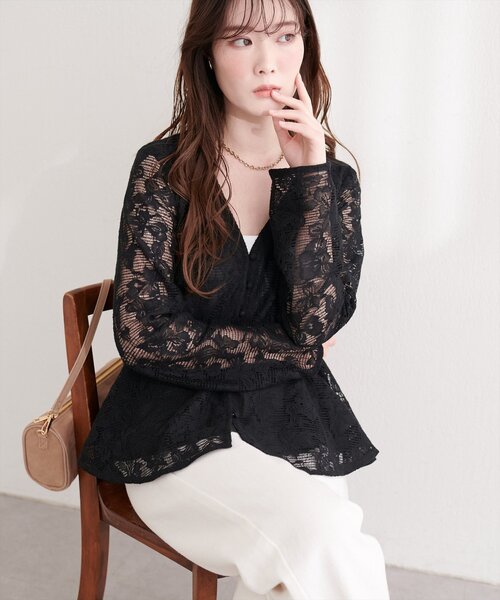 natural couture（ナチュラルクチュール）の「メッシュレースペプラムブラウス（シャツ/ブラウス・レディース・ブラック/ピンクベージュ/オフホワイト・FREE）」の20枚目の写真