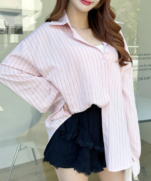 Ada.(エイダ)の「オーバーサイズ ストライプ シンプル シャツ ブラウス(シャツ/ブラウス・レディース・ピンク/ベージュ/ブルー/ホワイト・FREE)」の4枚目の写真