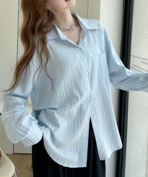 Ada.(エイダ)の「オーバーサイズ ストライプ シンプル シャツ ブラウス(シャツ/ブラウス・レディース・ピンク/ベージュ/ブルー/ホワイト・FREE)」の6枚目の写真