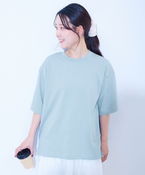 devirock(デビロック)の「【ひやシャリ】接触冷感 BIGシルエット 大人 無地 半袖Tシャツ(Tシャツ/カットソー・レディース・ブルー/パープル系/ブラック/ホワイト/ライトグレー/グリーン系/オレンジ系/ピンク系/ネイビー/ブルー系/イエロー系・M/L/LL)」の7枚目の写真