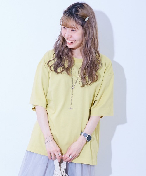 devirock(デビロック)の「【ひやシャリ】接触冷感 BIGシルエット 大人 無地 半袖Tシャツ(Tシャツ/カットソー・レディース・ブルー/パープル系/ブラック/ホワイト/ライトグレー/グリーン系/オレンジ系/ピンク系/ネイビー/ブルー系/イエロー系・M/L/LL)」の9枚目の写真