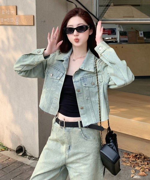 FAVORITO(ファヴォリート)の「デニムラインストーンショートジャケットワイドパンツセットアップ(セットアップ・レディース・ブルー・M/XL/L)」の3枚目の写真