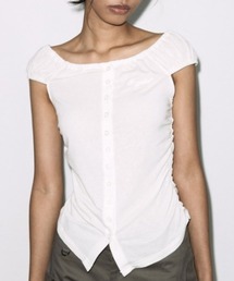 A'GEM/9 × .kom 『FANCY CLUB/ファンシークラブ』 SOFT BUTTON OFF-SHOULDER TOP/ソフトボタンオフショルダートップス